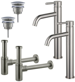 FortiFura Calvi Wastafelkraanset - voor dubbele wastafel - verhoogde wastafelkraan - always open plug - design sifon - Geborsteld RVS PVD (RVS) 2x SW377857/2x SW696207/2x SW696212 RVS geborsteld