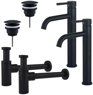 FortiFura Calvi Wastafelkraanset - voor dubbele wastafel - verhoogde wastafelkraan - always open plug - design sifon - Mat zwart 2x SW377834/2x SW696205/2x SW696210 Zwart mat