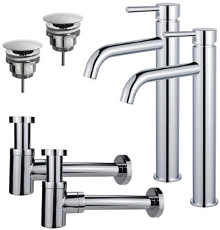 FortiFura Calvi Wastafelkraanset - voor dubbele wastafel - verhoogde wastafelkraan - always open plug - verlaagde design sifon - Chroom 2x SW377811/2x SW696209/2x SW696219