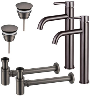 FortiFura Calvi Wastafelkraanset - voor dubbele wastafel - verhoogde wastafelkraan - always open plug - verlaagde design sifon - Geborsteld Gunmetal PVD 2x SW766541/2x SW769487/2x SW767295 Gunmetal geborsteld (antraciet)