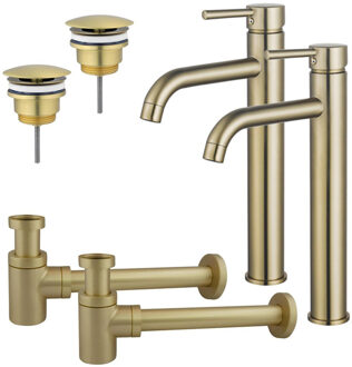 FortiFura Calvi Wastafelkraanset - voor dubbele wastafel - verhoogde wastafelkraan - always open plug - verlaagde design sifon - Geborsteld Messing PVD (Goud) 2x SW720549/2x SW696208/2x SW696218 Messing geborsteld (goud)