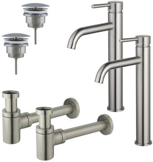 FortiFura Calvi Wastafelkraanset - voor dubbele wastafel - verhoogde wastafelkraan - always open plug - verlaagde design sifon - Geborsteld RVS PVD (RVS) 2x SW377857/2x SW696207/2x SW696217 RVS geborsteld