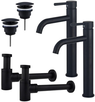 FortiFura Calvi Wastafelkraanset - voor dubbele wastafel - verhoogde wastafelkraan - always open plug - verlaagde design sifon - Mat zwart 2x SW377834/2x SW696205/2x SW696215 Zwart mat