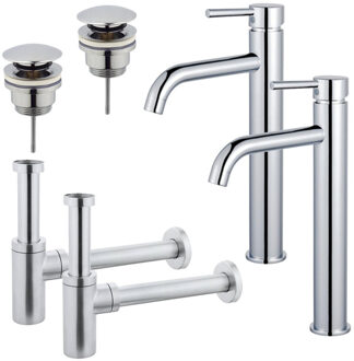 FortiFura Calvi Wastafelkraanset - voor dubbele wastafel - verhoogde wastafelkraan - klikwaste plug - design sifon - Chroom 2x SW377811/2x SW696203/2x SW696214
