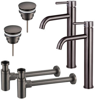 FortiFura Calvi Wastafelkraanset - voor dubbele wastafel - verhoogde wastafelkraan - klikwaste plug - design sifon - Geborsteld Gunmetal PVD 2x SW766541/2x SW767288/2x SW767297 Gunmetal geborsteld (antraciet)