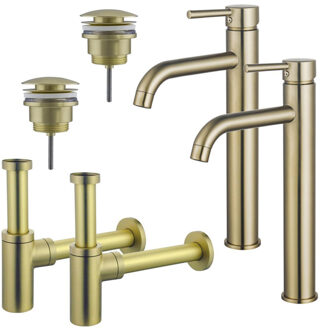FortiFura Calvi Wastafelkraanset - voor dubbele wastafel - verhoogde wastafelkraan - klikwaste plug - design sifon - Geborsteld Messing PVD (Goud) 2x SW720549/2x SW696202/2x SW696213 Messing geborsteld (goud)