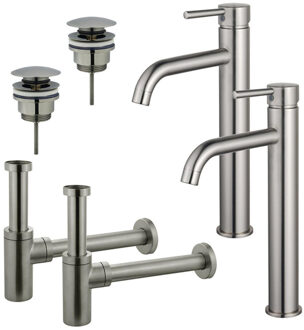 FortiFura Calvi Wastafelkraanset - voor dubbele wastafel - verhoogde wastafelkraan - klikwaste plug - design sifon - Geborsteld RVS PVD (RVS) 2x SW377857/2x SW696201/2x SW696212 RVS geborsteld