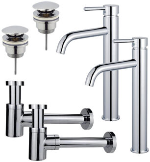 FortiFura Calvi Wastafelkraanset - voor dubbele wastafel - verhoogde wastafelkraan - klikwaste plug - verlaagde design sifon - Chroom 2x SW377811/2x SW696203/2x SW696219