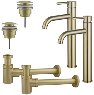 FortiFura Calvi Wastafelkraanset - voor dubbele wastafel - verhoogde wastafelkraan - klikwaste plug - verlaagde design sifon - Geborsteld Messing PVD (Goud) 2x SW720549/2x SW696202/2x SW696218 Messing geborsteld (goud)