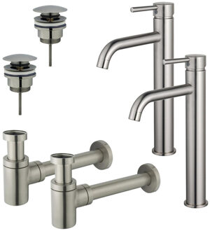 FortiFura Calvi Wastafelkraanset - voor dubbele wastafel - verhoogde wastafelkraan - klikwaste plug - verlaagde design sifon - Geborsteld RVS PVD (RVS) 2x SW377857/2x SW696201/2x SW696217 RVS geborsteld