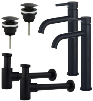 FortiFura Calvi Wastafelkraanset - voor dubbele wastafel - verhoogde wastafelkraan - klikwaste plug - verlaagde design sifon - Mat zwart 2x SW377834/2x SW696199/2x SW696215 Zwart mat