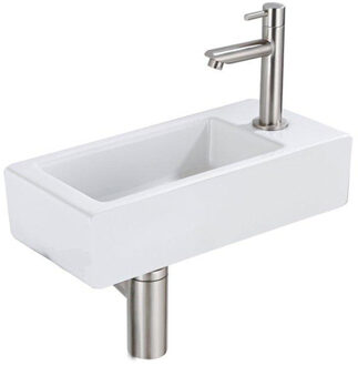 FortiFura Fuente fonteinset - 36x18.5x9cm - 1 kraangat - rechts - solid surface - fonteinkraan RVS geborsteld - mat wit SW696237/SW696217/SW705498 Wit mat