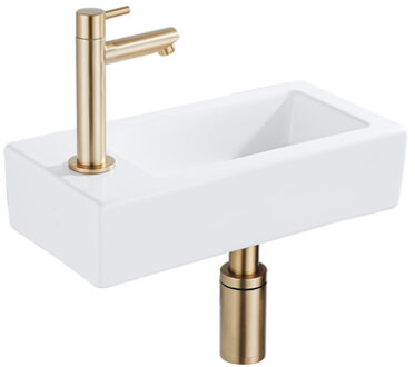 FortiFura Fuente Fonteinset - 36x18.5x9cm - 1 kraangat - solid surface - fonteinkraan messing geborsteld - mat wit SW696238/SW696218/SW705498 Wit mat
