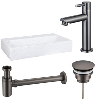 FortiFura Fuente fonteinset - 38x24cm - 1 kraangat - marmer - fonteinkraan gunmetal - wit SW696237/SW696207/SW696217/SW451336 Wit glans