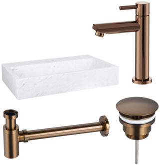 FortiFura Fuente fonteinset - 38x24cm - 1 kraangat - marmer - fonteinkraan koper - wit SW970033/SW799405/SW799403/SW451336 Wit glans