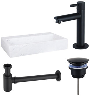 FortiFura Fuente fonteinset - 38x24cm - 1 kraangat - marmer - fonteinkraan zwart mat - wit SW696235/SW696205/SW696215/SW451336 Wit glans