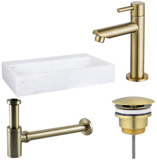 FortiFura Fuente Fonteinset - 38x24x8cm - 1 kraangat - marmer - fonteinkraan messing geborsteld - wit SW696238/SW696208/SW696218/SW451336 Wit glans