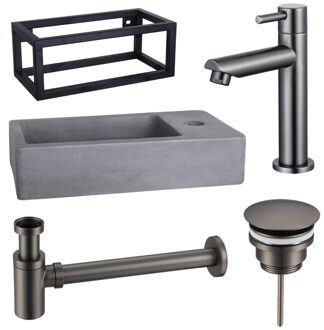 FortiFura Fuente fonteinset - 40x20x23.5cm - 1 kraangat - zwart frame - fonteinkraan gunmetal - beton SW696237/SW696207/SW696217/SW373151/SW405221