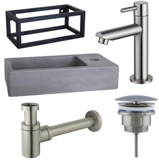 FortiFura Fuente fonteinset - 40x20x23.5cm - 1 kraangat - zwart frame - fonteinkraan RVS geborsteld - beton SW696237/SW696207/SW696217/SW373151/SW405221