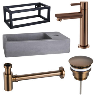FortiFura Fuente fonteinset - 40x20x23.5cm - 1 kraangat - zwarte frame - fonteinkraan koper - beton SW970033/SW799405/SW799403/SW373151/SW405221