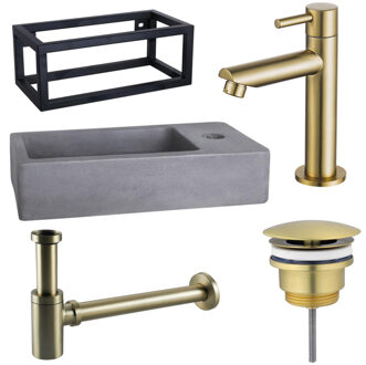 FortiFura Fuente Fonteinset - 40x22x23.5cm - 1 kraangat - zwart frame - fonteinkraan messing geborsteld - beton SW696238/SW696208/SW696218/SW373151/SW405221