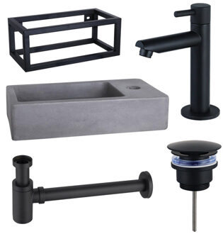 FortiFura Fuente Fonteinset - 40x22x23.5cm - 1 kraangat - zwart frame - fonteinkraan zwart mat - beton SW696235/SW696205/SW696215/SW373151/SW405221