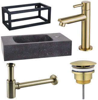 FortiFura Fuente Fonteinset - 40x22x24.5cm - 1 kraangat - natuursteen - zwart frame - fonteinkraan messing geborsteld - zwart SW696238/SW696208/SW696218/SW373151/SW533192