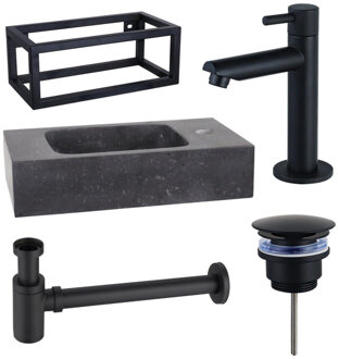 FortiFura Fuente fonteinset - 40x22x24.5cm - 1 kraangat - natuursteen - zwart frame - fonteinkraan zwart mat - zwart SW696235/SW696205/SW696215/SW373151/SW533192