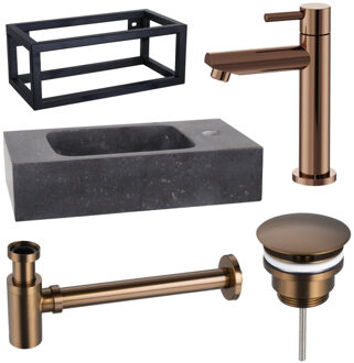 FortiFura Fuente fonteinset - 40x22x24.5cm - 1 kraangat - natuursteen - zwarte frame - fonteinkraan koper - zwart SW970033/SW799405/SW799403/SW373151/SW533192