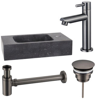 FortiFura Fuente fonteinset - 40x22x9cm - 1 kraangat - natuursteen - fonteinkraan gunmetal - zwart SW696237/SW696207/SW696217/SW533192