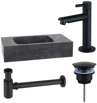 FortiFura Fuente fonteinset - 40x22x9cm - 1 kraangat - natuursteen - fonteinkraan zwart mat - zwart SW696235/SW696205/SW696215/SW533192