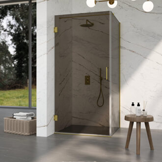 FortiFura Galeria Douchecabine - 80x80x200cm - scharnieren - deurgreep - vlak - rookglas - Geborsteld messing PVD (Goud) SW1122557/SW1122564/SW797910/SW797939 Messing geborsteld (goud)