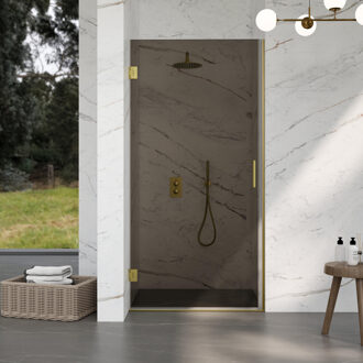 FortiFura Galeria Douchedeur - 80x200cm - scharnieren - deurgreep - vlak - rookglas - Geborsteld Messing PVD (Goud) SW1122557/SW1122564 Messing geborsteld (goud)