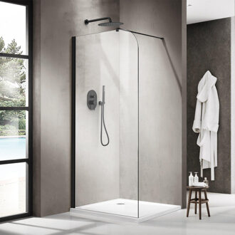 FortiFura Galeria Inloopdouche - 100x200cm - afgeronde glaswand - helder glas - wandarm - mat zwart SW1418380/SW797905 Zwart mat