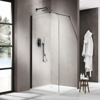 FortiFura Galeria Inloopdouche - 140x200cm - afgeronde glaswand - links - ribbel glas - wandarm - mat zwart SW1418373/SW797905 Zwart mat