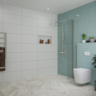 FortiFura Galeria inloopdouche - 30x200cm - ribbelglas - wandarm - Geborsteld RVS PVD (RVS) SW797945/SW797908 RVS geborsteld