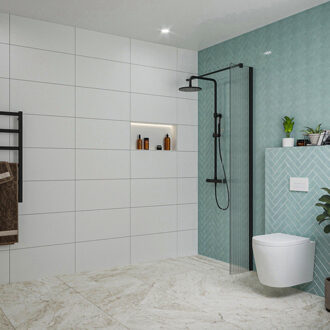 FortiFura Galeria inloopdouche - 30x200cm - ribbelglas - wandarm - mat zwart SW797945/SW797905 Zwart mat