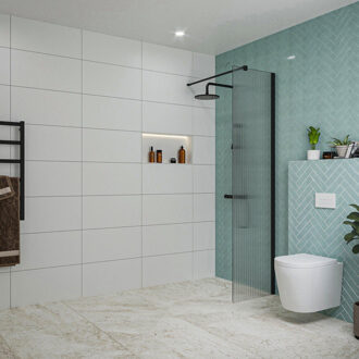 FortiFura Galeria inloopdouche - 50x200cm - ribbelglas - wandarm - mat zwart SW797947/SW797905 Zwart mat