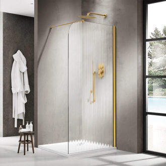 FortiFura Galeria Inloopdouche - 90x200cm - afgeronde glaswand - rechts - ribbel glas - wandarm - geborsteld messing PVD (Goud) SW1421075/SW797910 Messing geborsteld PVD (goud)