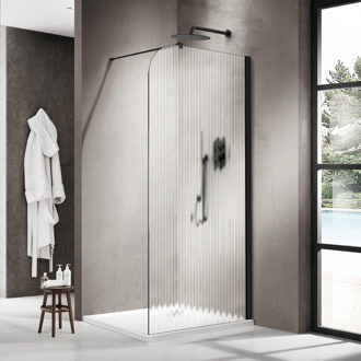 FortiFura Galeria Inloopdouche - 90x200cm - afgeronde glaswand - rechts - ribbel glas - wandarm - mat zwart SW1421075/SW797905 Zwart mat