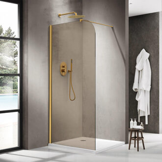 FortiFura Galeria Inloopdouche - 90x200cm - afgeronde glaswand - rook glas - wandarm - geborsteld messing PVD (Goud) SW1418364/SW797910 Messing geborsteld PVD (goud)