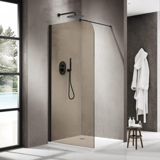 FortiFura Galeria Inloopdouche - 90x200cm - afgeronde glaswand - rook glas - wandarm - mat zwart SW1418364/SW797905 Zwart mat