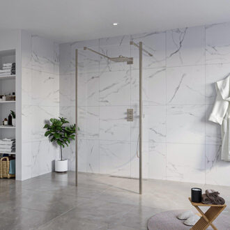 FortiFura Galeria Vrijstaande Inloopdouche - 100x200cm - Helder - antikalk - 8mm veiligheidsglas - 2 zijwanden 30cm - wandsteunen en hoekprofielen - Geborsteld Gunmetal PVD SW927771 2x/SW797915/SW797909 2x/SW798732 2x Gunmetal geborsteld (antraciet)