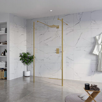 FortiFura Galeria Vrijstaande Inloopdouche - 100x200cm - Helder - antikalk - 8mm veiligheidsglas - 2 zijwanden 30cm - wandsteunen en hoekprofielen - Geborsteld Messing PVD (Goud) SW927770 2x/SW797915/SW797909 2x/SW798731 2x Messing geborsteld (goud)