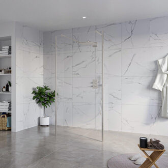 FortiFura Galeria Vrijstaande Inloopdouche - 100x200cm - Helder - antikalk - 8mm veiligheidsglas - 2 zijwanden 30cm - wandsteunen en hoekprofielen - Geborsteld RVS PVD (RVS) SW927769 2x/SW797915/SW797909 2x/SW798730 2x RVS geborsteld