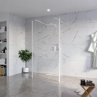 FortiFura Galeria Vrijstaande Inloopdouche - 100x200cm - Helder - antikalk - 8mm veiligheidsglas - 2 zijwanden 30cm - wandsteunen en hoekprofielen - Wit mat SW927768 2x/SW797915/SW797909 2x/SW541264 2x