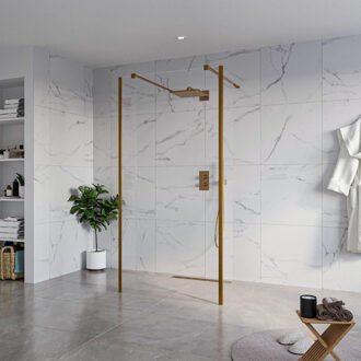 FortiFura Galeria Vrijstaande Inloopdouche - 100x200cm - Helder - antikalk - 8mm veiligheidsglas - 2 zijwanden 40cm - wandsteunen en hoekprofielen - Geborsteld koper PVD (Koper) SW927772 2x/SW797915/SW797911 2x/SW876703 2x Koper geborsteld