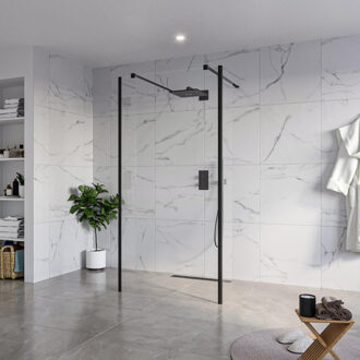 FortiFura Galeria Vrijstaande Inloopdouche - 100x200cm - Helder - antikalk - 8mm veiligheidsglas - 2 zijwanden 40cm - wandsteunen en hoekprofielen - Zwart mat SW927767 2x/SW797915/SW797911 2x/SW358025 2x