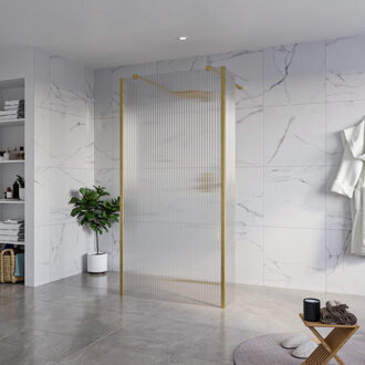 FortiFura Galeria Vrijstaande Inloopdouche - 100x200cm - Helder geribbeld - antikalk - 8mm veiligheidsglas - 2 zijwanden 30cm - wandsteunen en hoekprofielen - Geborsteld Messing PVD (Goud) SW927770 2x/SW797955/SW797945 2x/SW798731 2x Messing geborsteld (goud)