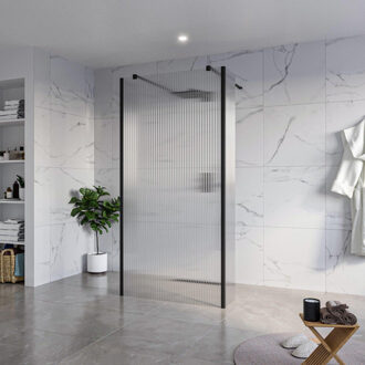FortiFura Galeria Vrijstaande Inloopdouche - 100x200cm - Helder geribbeld - antikalk - 8mm veiligheidsglas - 2 zijwanden 30cm - wandsteunen en hoekprofielen - Zwart mat SW927767 2x/SW797955/SW797945 2x/SW358025 2x
